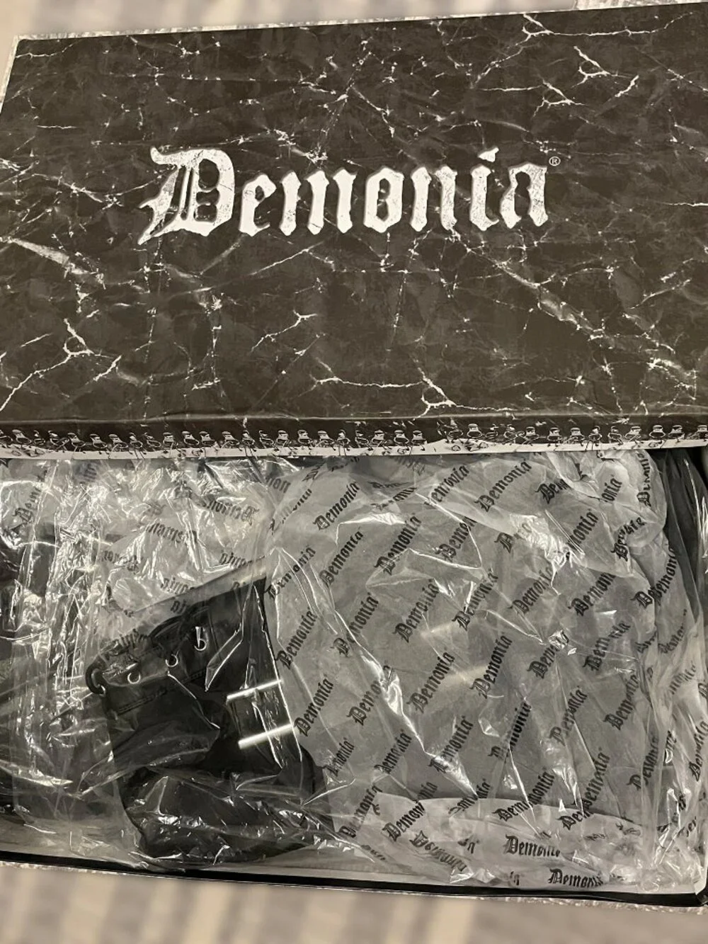 Demonia Camel-305 Vegan Leather Thigh Boots w/ Buckles (incl. box)